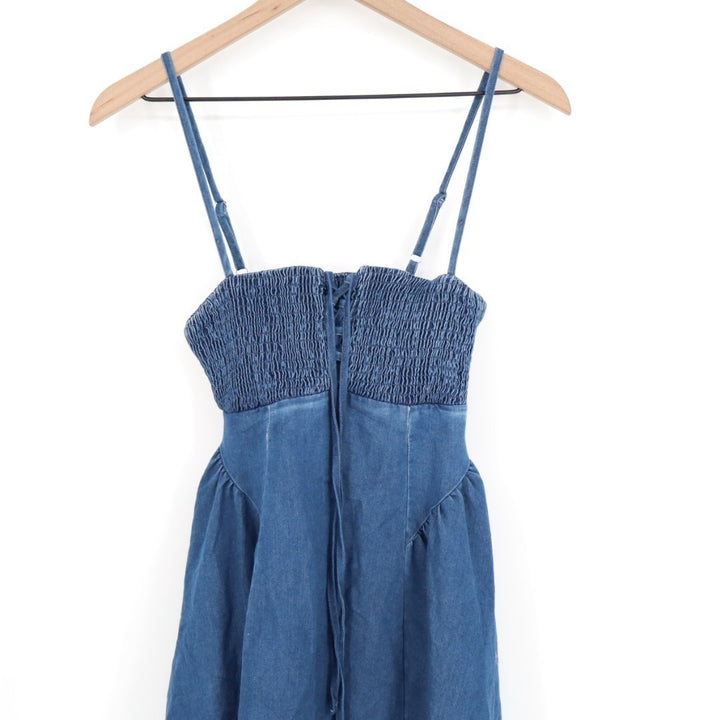 Lulus Laylie Midi Dress Womens XS Blue Medium Wash Denim Lace-Up Smocked Summer
