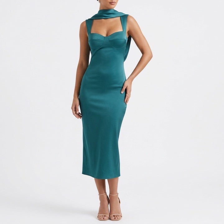 Seni & Cade Satin Scarf Midi Dress Women XL Teal Square Neck Side Zip Sleeveless