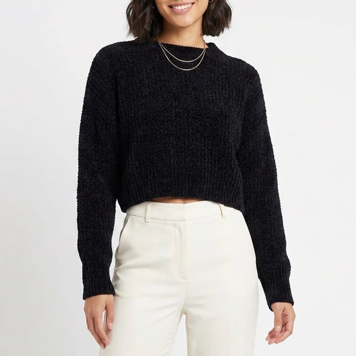 Double Zero Black Popcorn Knit Cropped Sweater Crew Neck DZ20H913 Medium