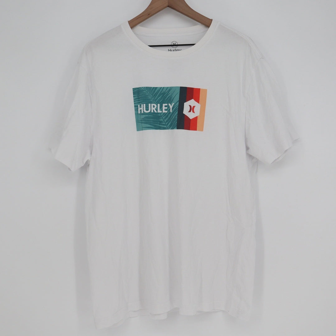 Hurley Mens Large White Graphic T-Shirt Palm Tree Logo Short Sleeve Cotton Tee