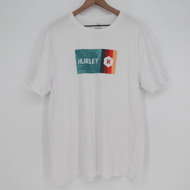 Hurley Mens Large White Graphic T-Shirt Palm Tree Logo Short Sleeve Cotton Tee