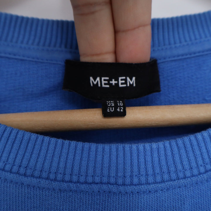ME+EM Blue Puff Sleeve Cotton Sweatshirt US 10 Crew Neck Ribbed Hem