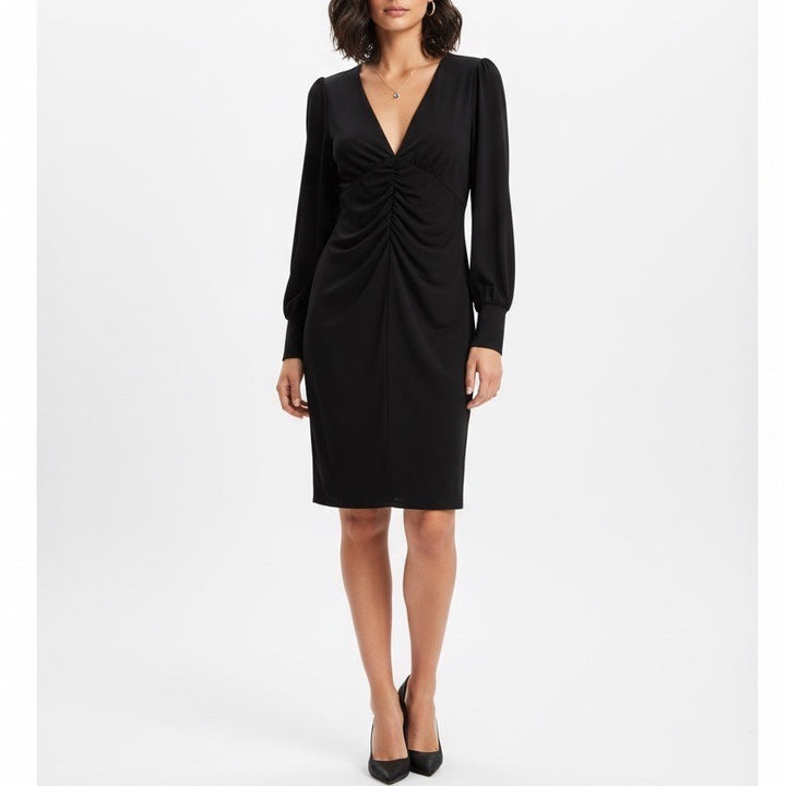 Express Shirt Dress Womens Medium Black Stretch V-Neck Long Sleeve Knee Length