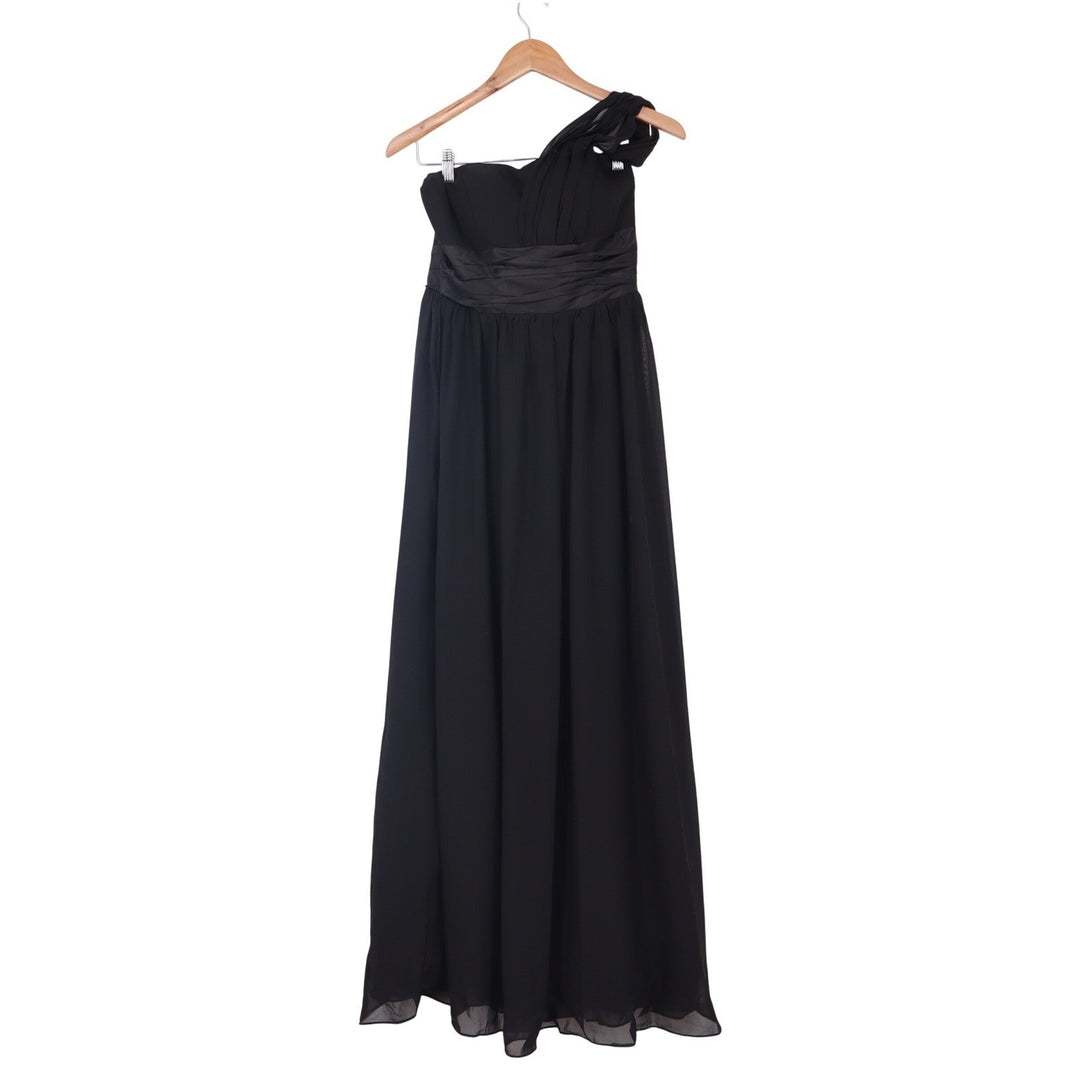 Black One Shoulder Chiffon Maxi Dress Rosette Detail Formal Gown Size M