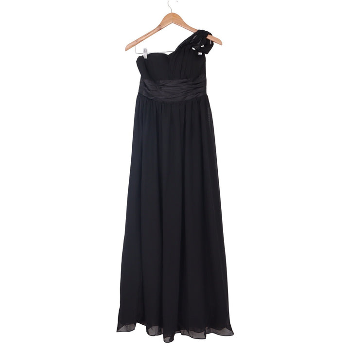 Black One Shoulder Chiffon Maxi Dress Rosette Detail Formal Gown Size M