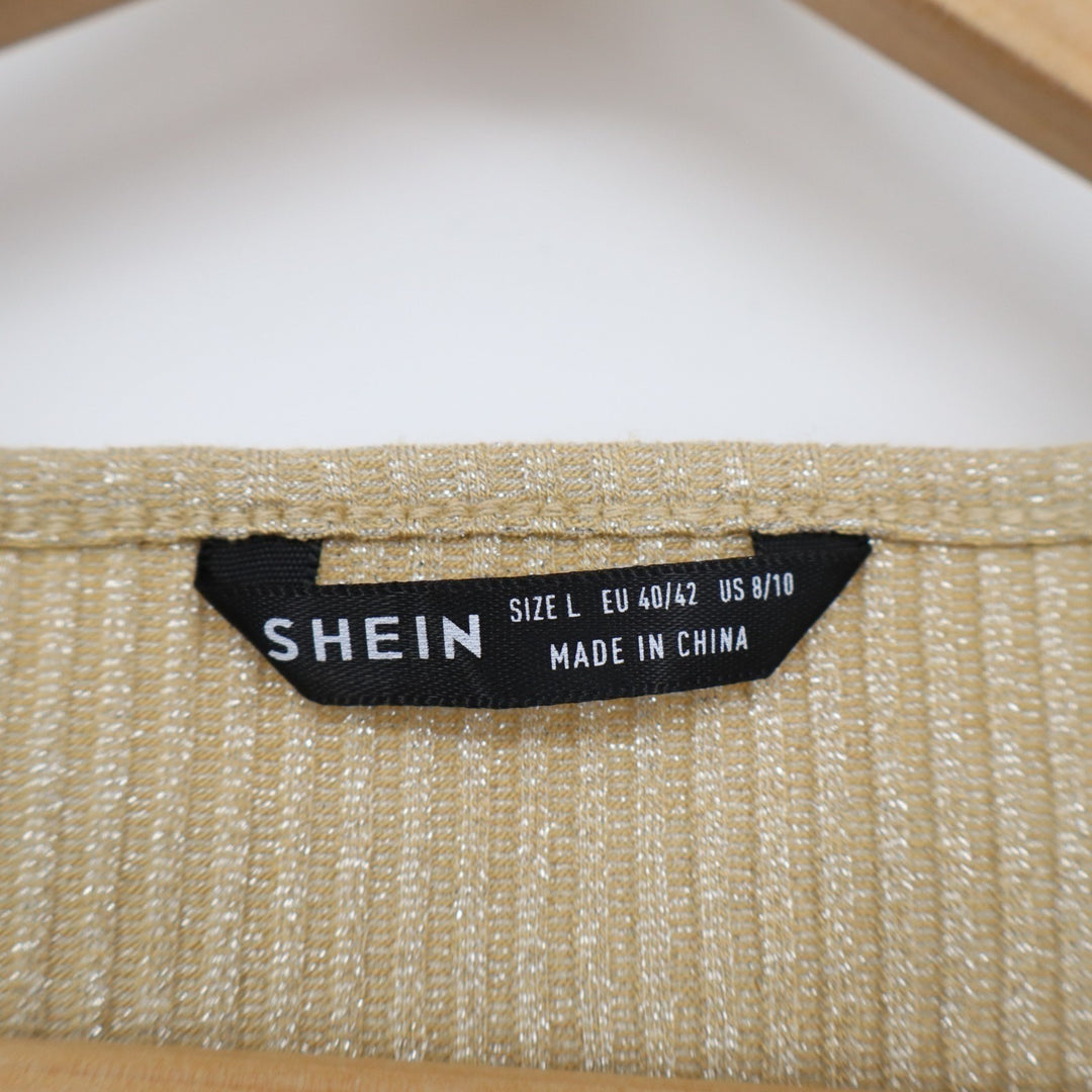Shein EZwear Crop Top Womens Large Beige Ribbed Knit Round Neck Short Sleeve