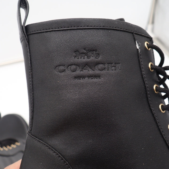 Coach Black Leather Combat Boots Gold Hardware Side Zip Womens 8B