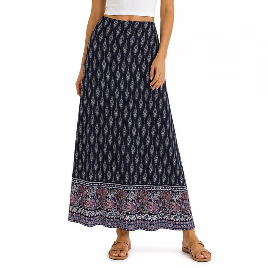 Magnolia Grace Navy Blue Geometric Floral Border Maxi Skirt Large