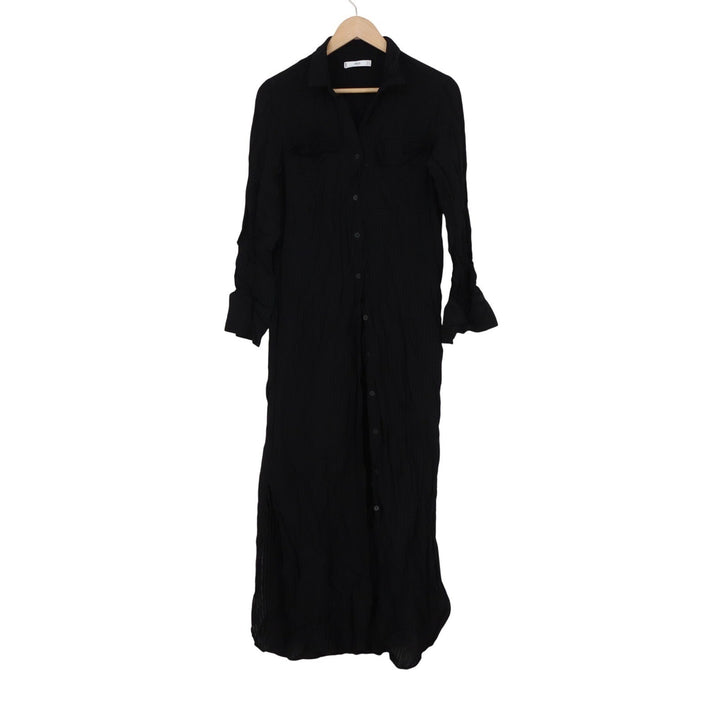 Mango Suit Black Crinkle Maxi Shirt Dress Long Sleeve Button Down Size 4