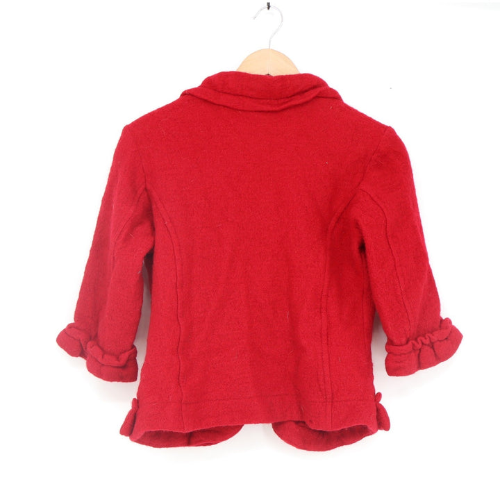 Susan Bristol Red 100% Boiled Wool Ruffle Trim Open Front Cardigan Sweater Small