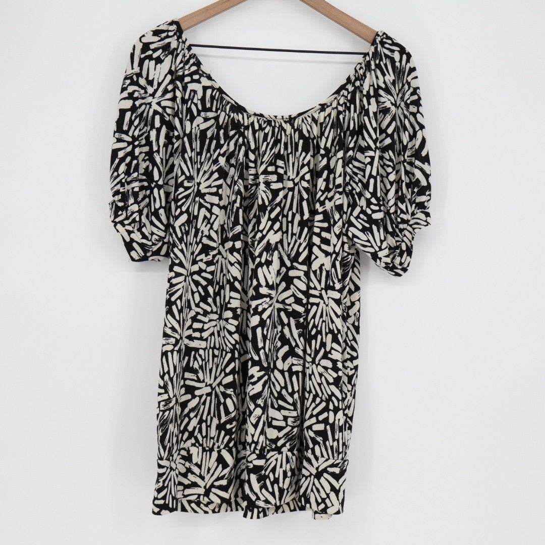 Mini Dress Womens Black White Printed Pleated Off-the-Shoulder Puff Sleeve