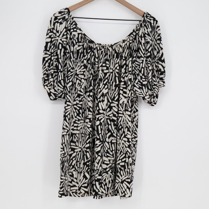 Mini Dress Womens Black White Printed Pleated Off-the-Shoulder Puff Sleeve