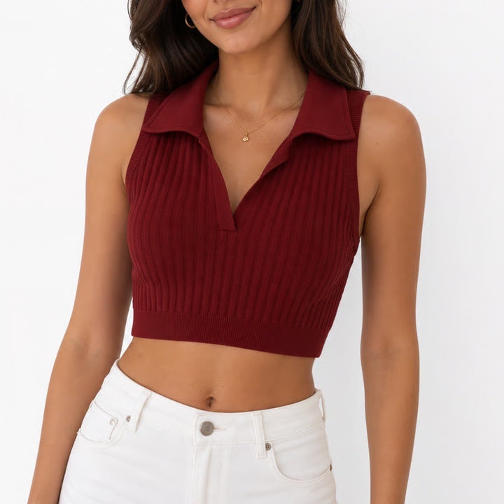 Out From Under Urban Outfitters Burgundy Ribbed Sleeveless Polo Crop Top M/L