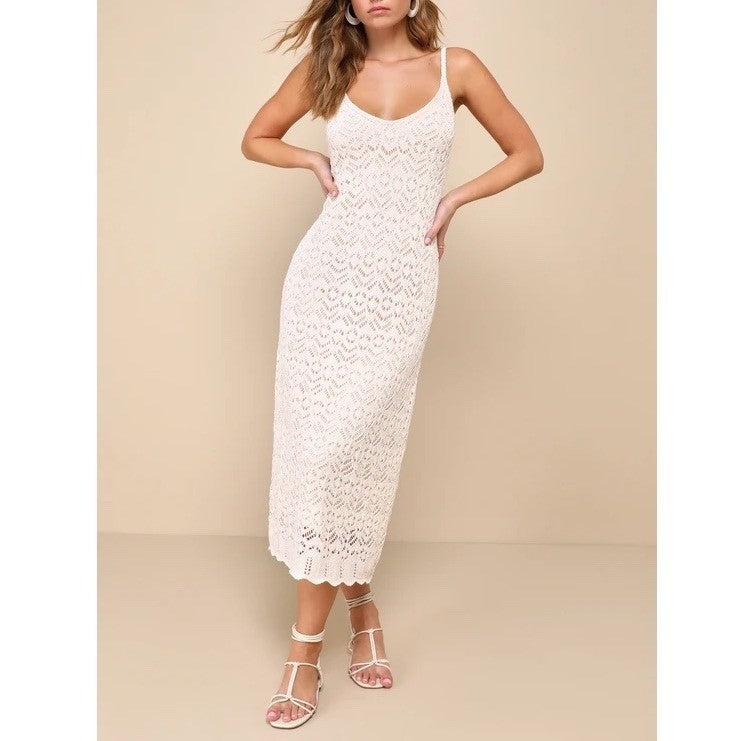 Lulus Sunset Vibes Midi Dress Womens XS Beige Crochet Sleeveless Scalloped Hem
