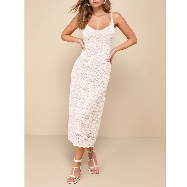 Lulus Sunset Vibes Midi Dress Womens XS Beige Crochet Sleeveless Scalloped Hem