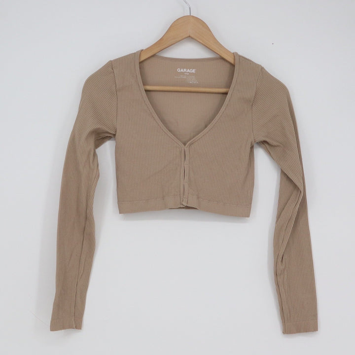 Garage Women Tan Ribbed V-Neck Long Sleeve Crop Top Beige XS