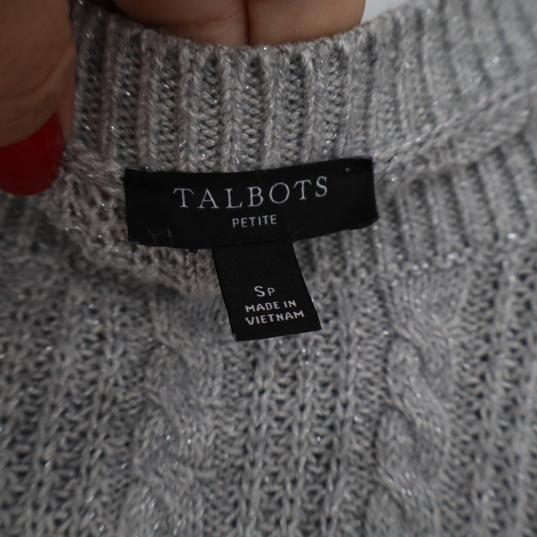 Talbots Petite Grey Cable Knit Metallic Shimmer Shoulder Button Sweater SP