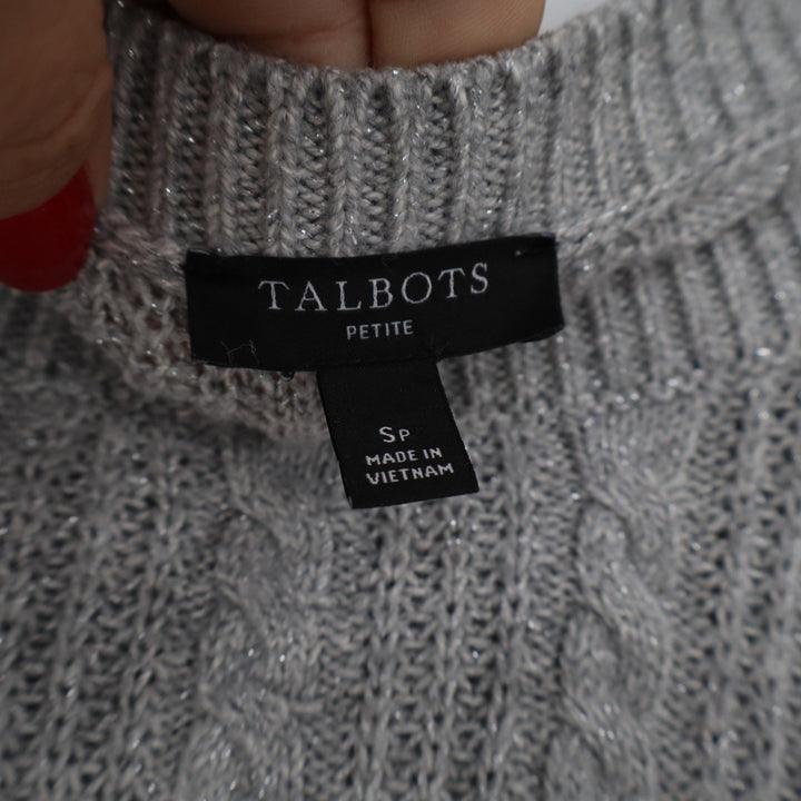 Talbots Petite Grey Cable Knit Metallic Shimmer Shoulder Button Sweater SP