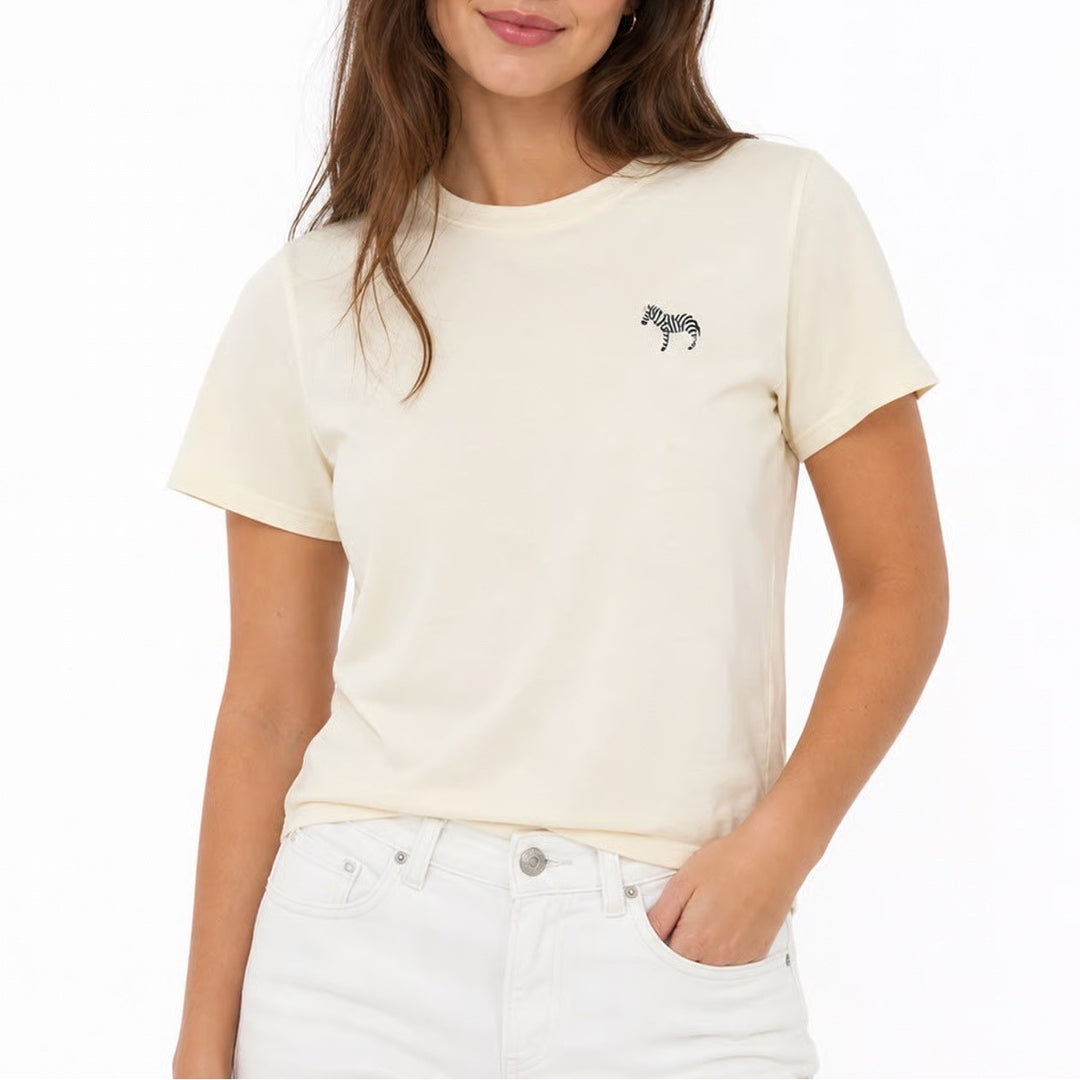 Topshop Cream Embroidered Zebra Cotton T-Shirt Tall Size 4 US