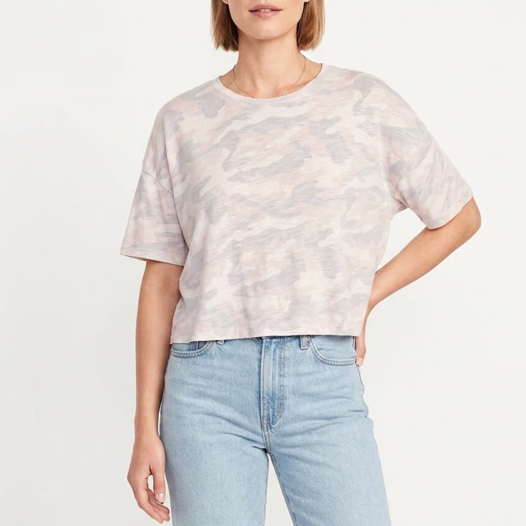 Old Navy Womens XL Grey Camo Crop Tee Short Sleeve Relaxed Fit Slub Knit Top