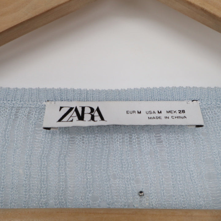 Zara Light Blue Beaded Pointelle Cropped Cardigan Long Sleeve Knit Top Size M