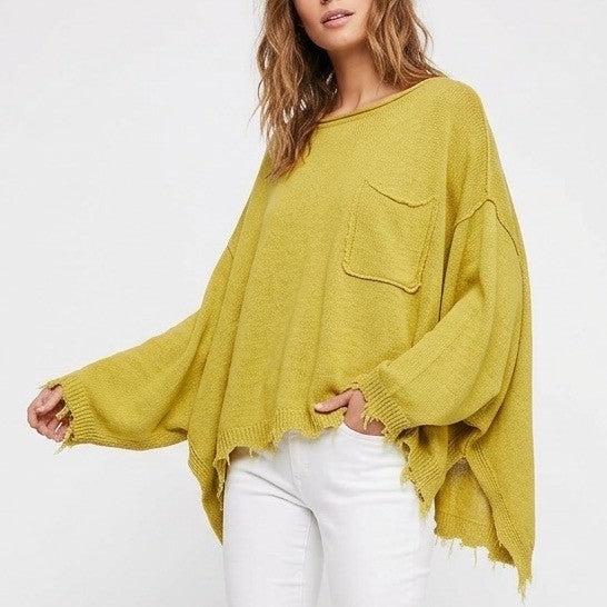 Free People Prism Sweater Women Medium Lemon Yellow Tight Knit Raw Hem Oversized