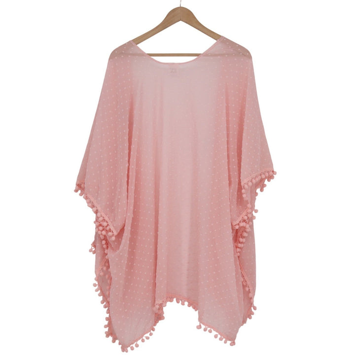 Pink Clip Dot Chiffon Pom Pom Trim Kimono Cover Up One Size