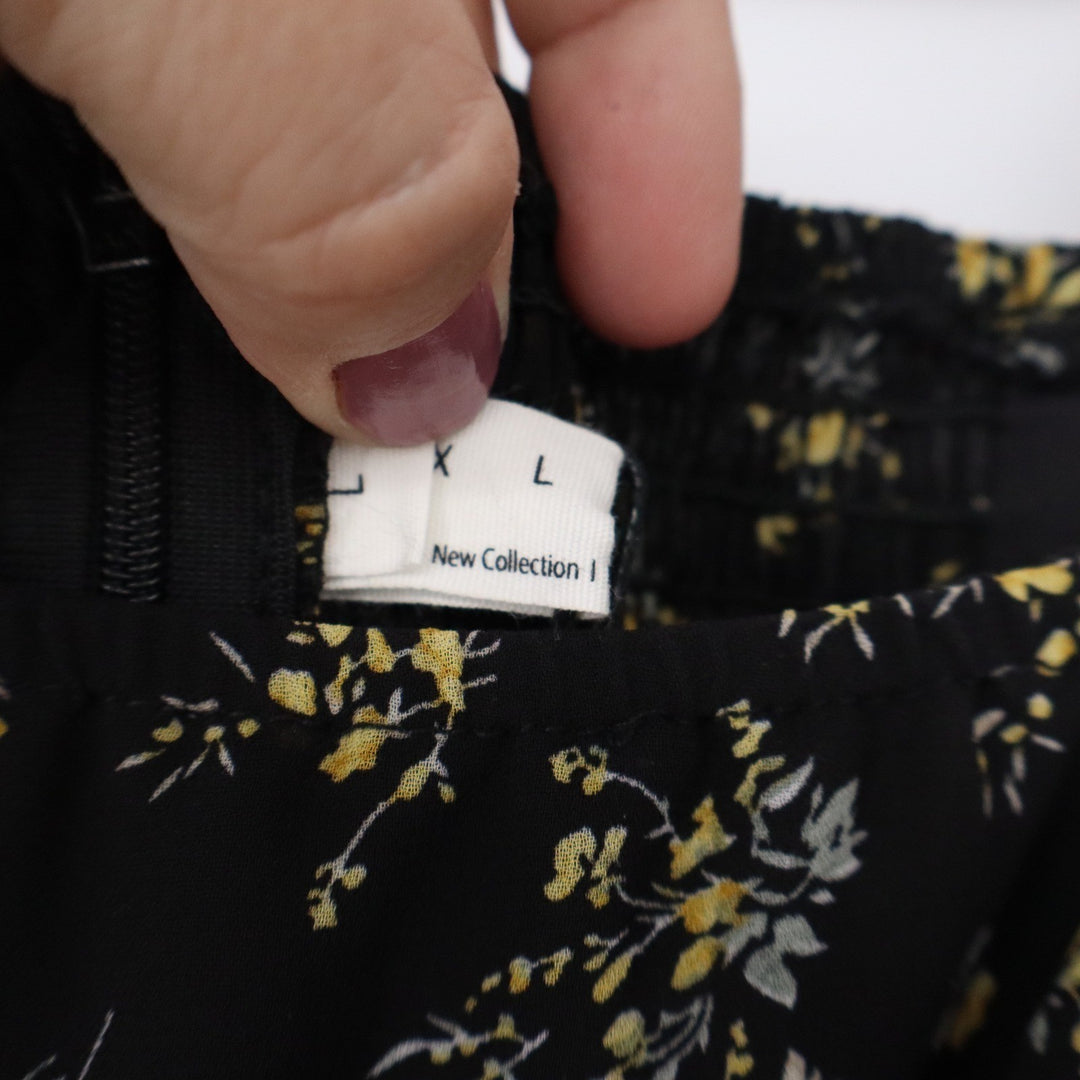 EXLURA Black Yellow Floral Chiffon Mini Dress Square Neck Long Sleeve L
