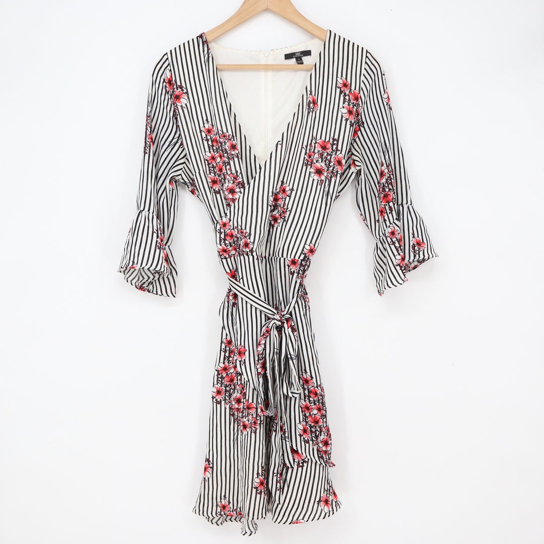 My Michelle Dress Women 7 Black White Striped Floral Ruffle Excellent