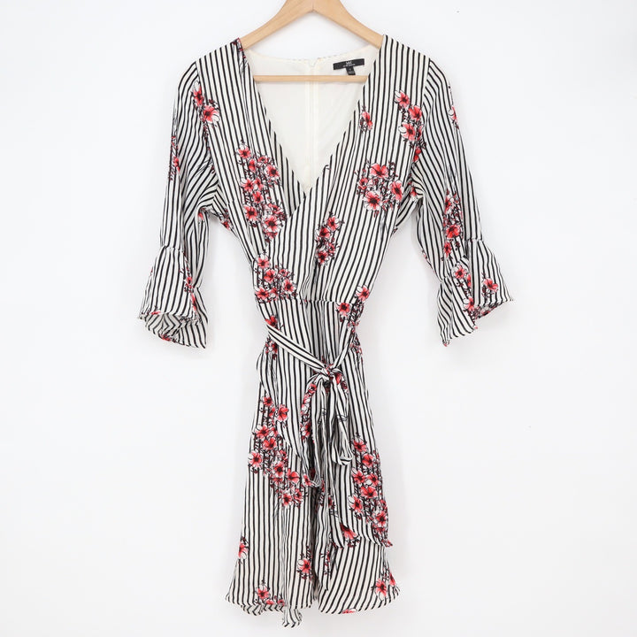 My Michelle Dress Women 7 Black White Striped Floral Ruffle Excellent