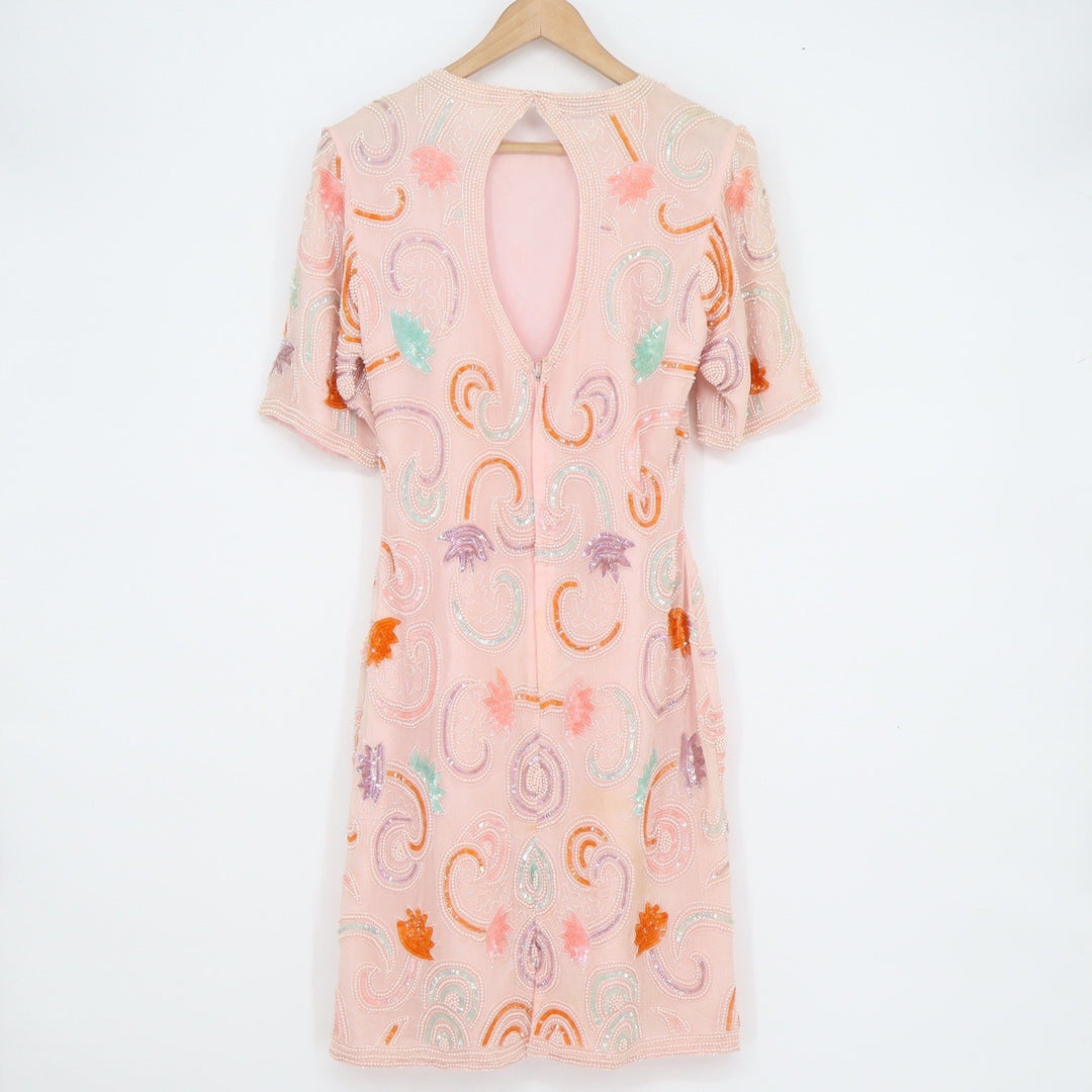 Vintage Razzle Dazzle Pink Silk Beaded Sequin Shift Dress Pearl Detail Size S/XS