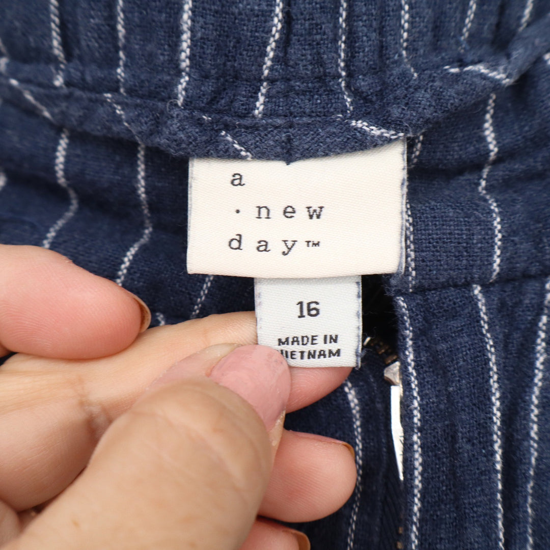 A New Day Navy Blue Pinstripe Linen Blend Pleated Trousers Pants Womens 16