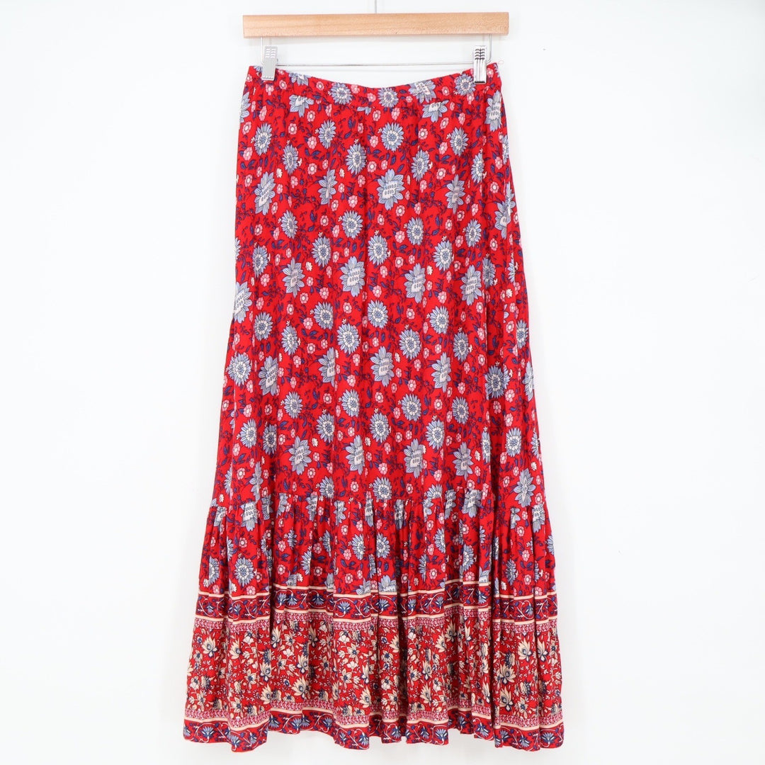 Mango Maxi Skirt Womens S Casual Red Floral Tiered Bohemian Long Excellent