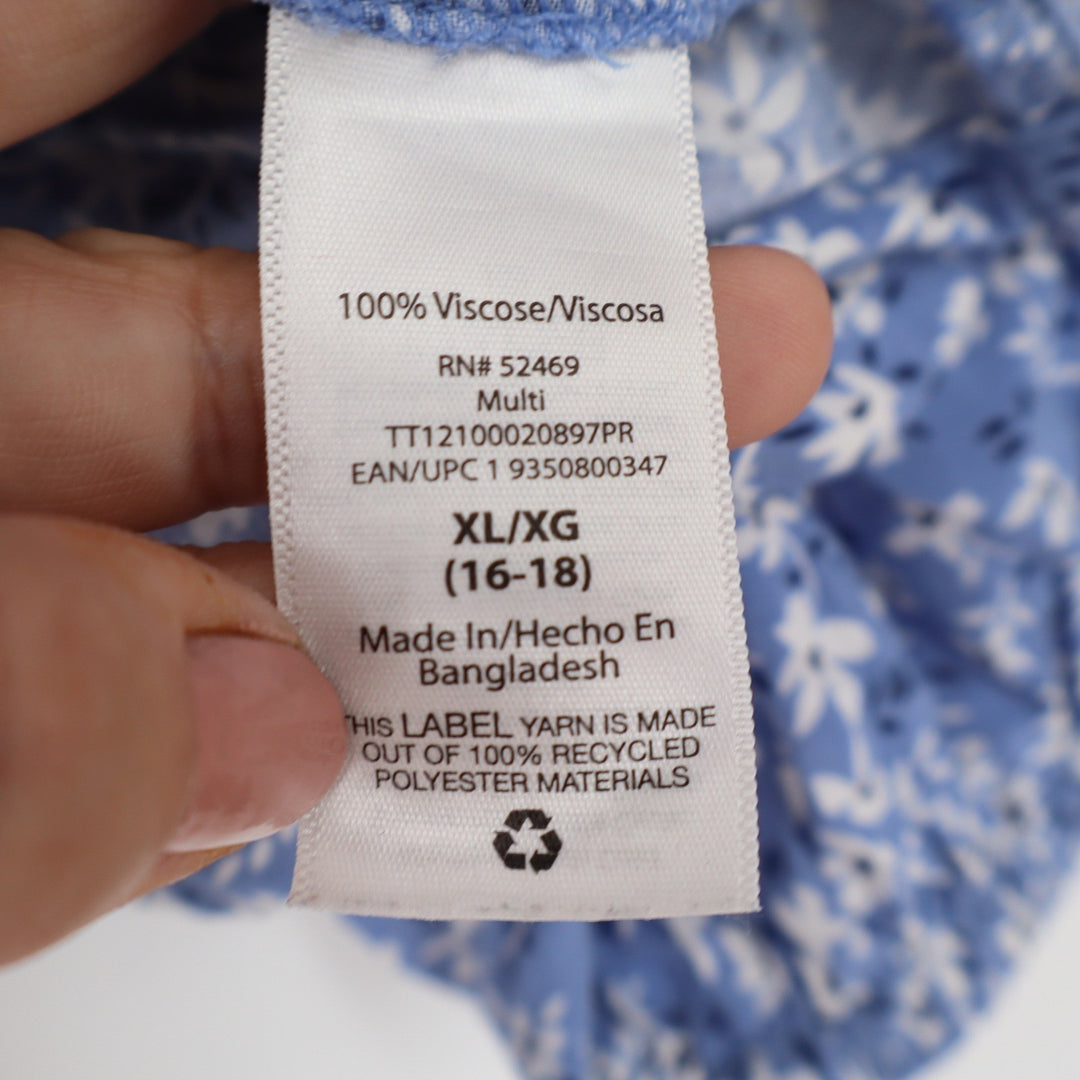 Time and Tru Blue Floral V-Neck Peasant Blouse XL 16-18 Long Sleeve Viscose Top