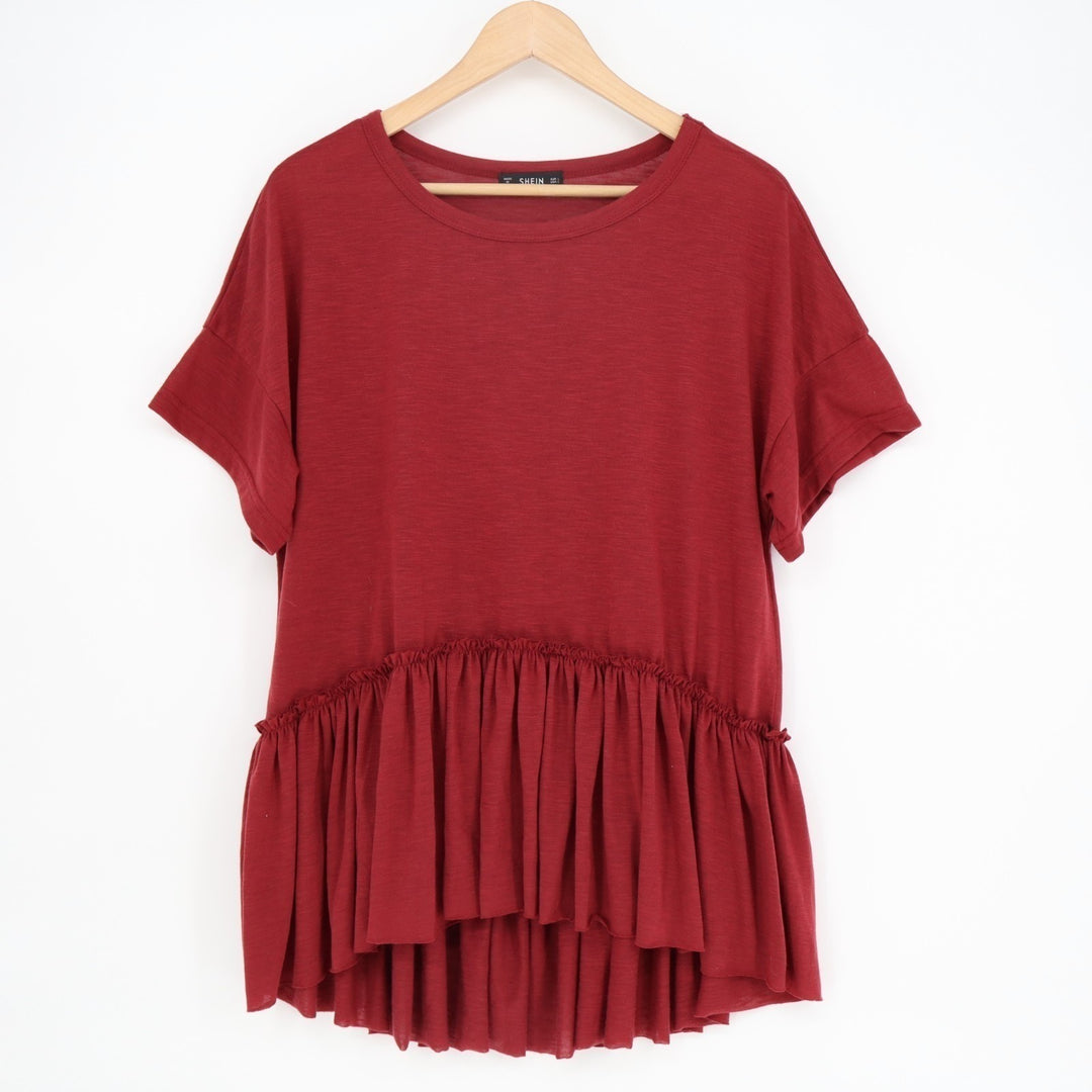 Shein T-Shirt Womens Large Red Dip Ruffle Hem Smock Drop Shoulder Short Sleeve