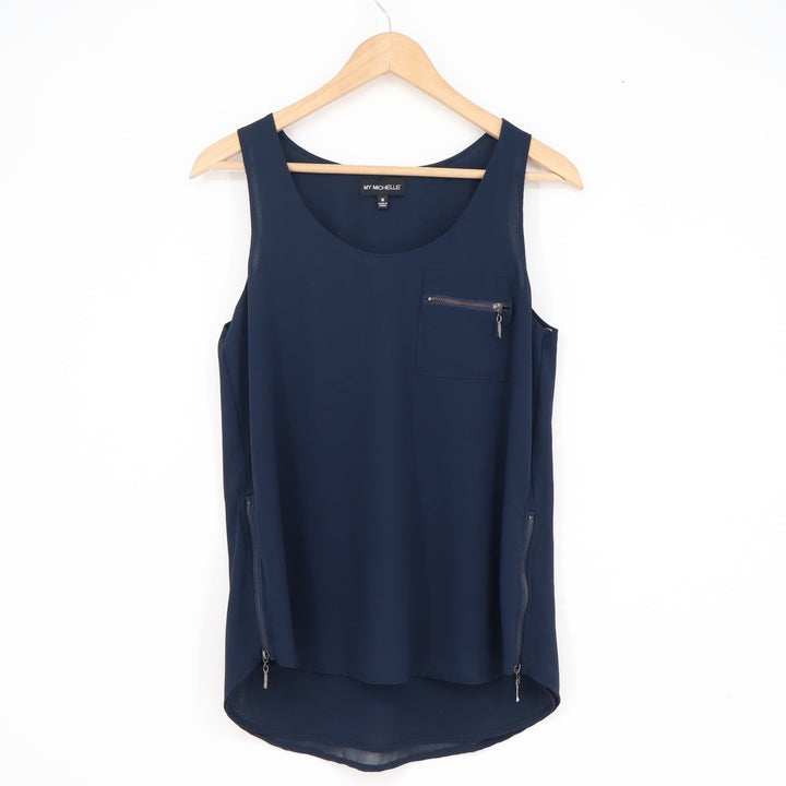 My Michelle Navy Blue Sleeveless Zipper Pocket Tank Top Side Zips Medium