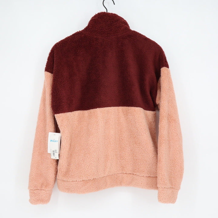 ROXY Colorblock Sherpa Fleece Snap Pullover Sweatshirt Peach Burgundy M
