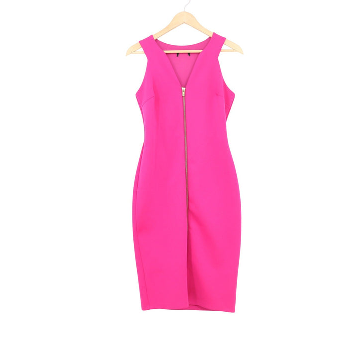 Hot Pink Front Zip Sleeveless Sheath Dress V-Neck Knee Length Bodycon Pink
