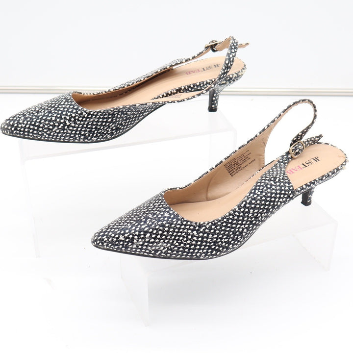 JustFab Mariona Black White Textured Slingback Kitten Heels Size 8.5 Pointed Toe