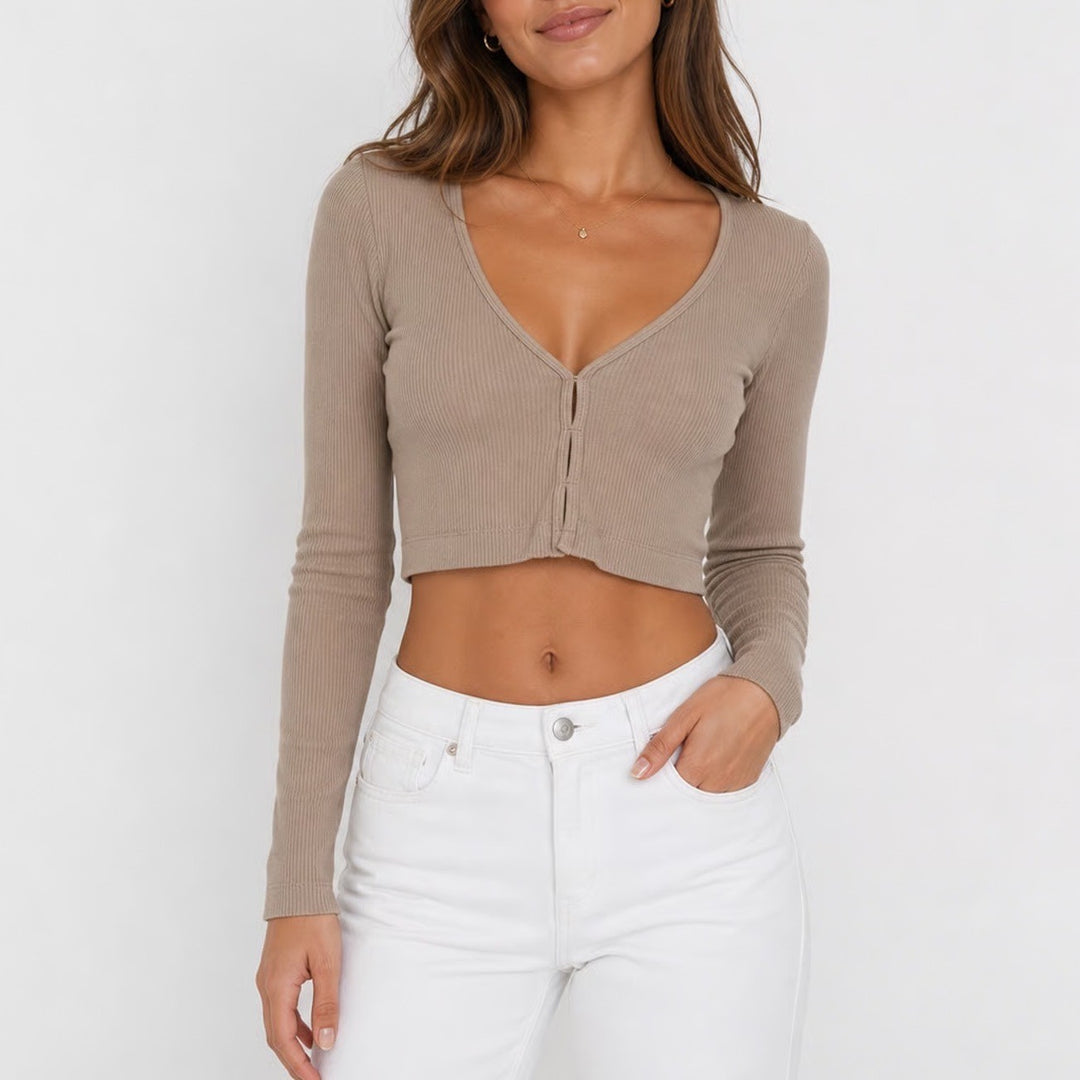 Garage Women Tan Ribbed V-Neck Long Sleeve Crop Top Beige XS