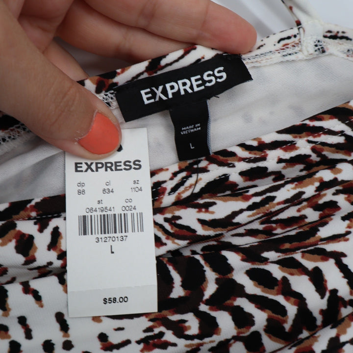 Express Animal Print Surplice Tie Waist Wrap Top Brown Black Large NWT