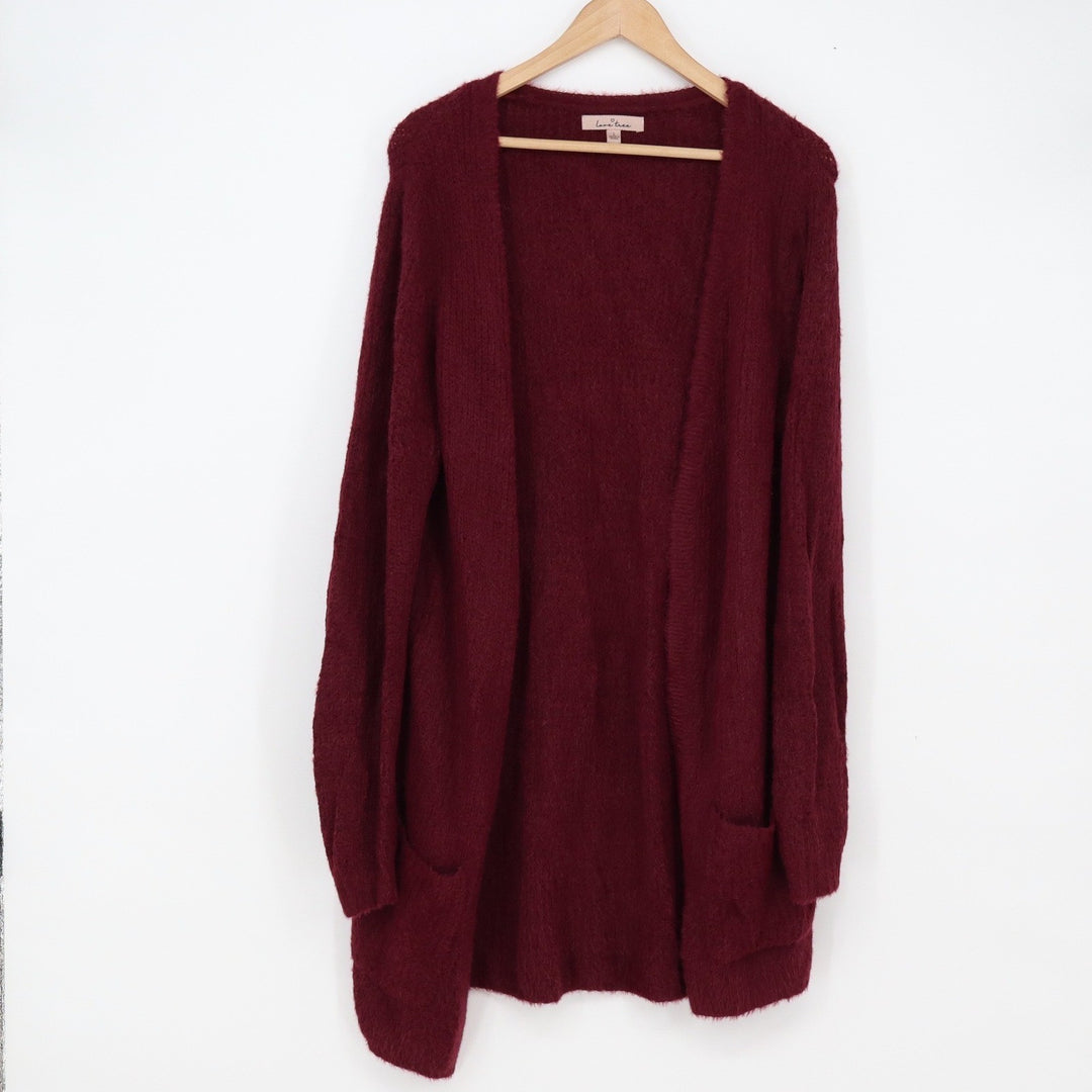 Love Tree Cardigan Womens Large Burgundy Longline Fuzzy Eyelash Excellent