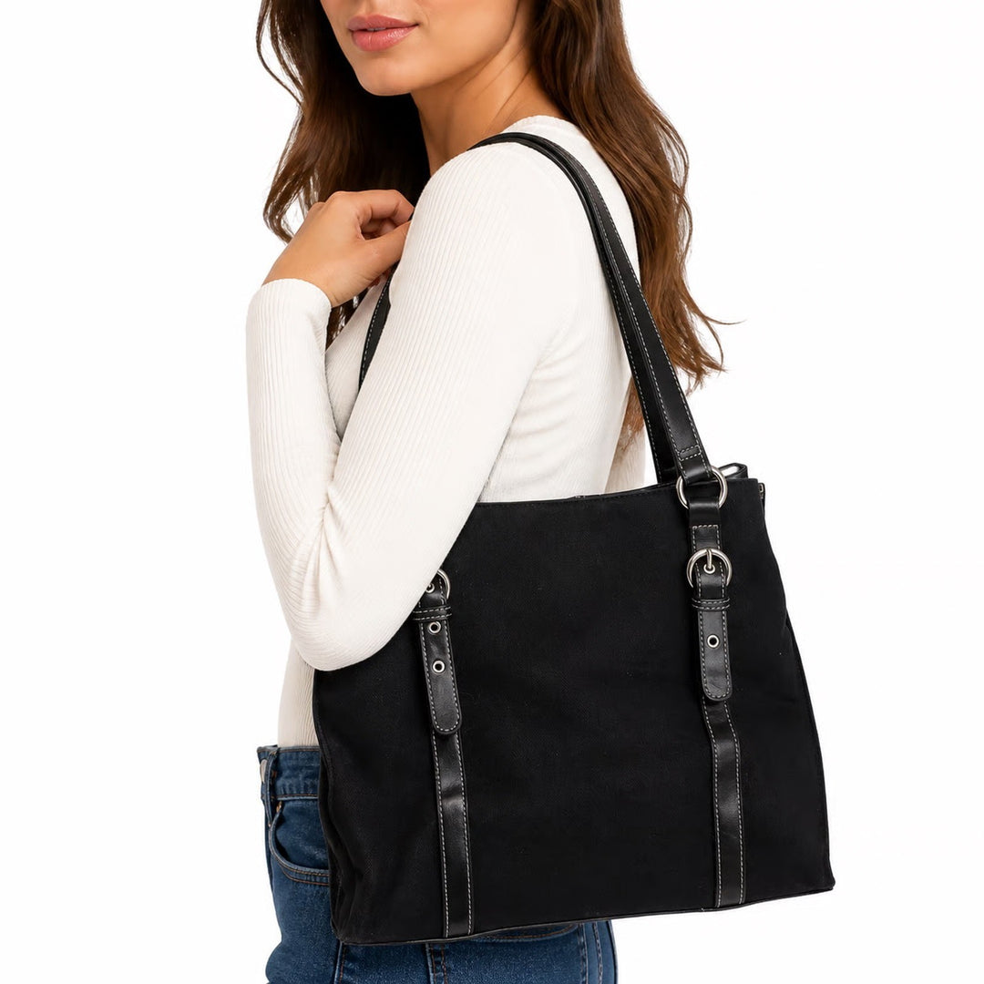 Rosetti Shoulder Bag Womens Large Tote Black Tonal Floral Buckle Trim Good