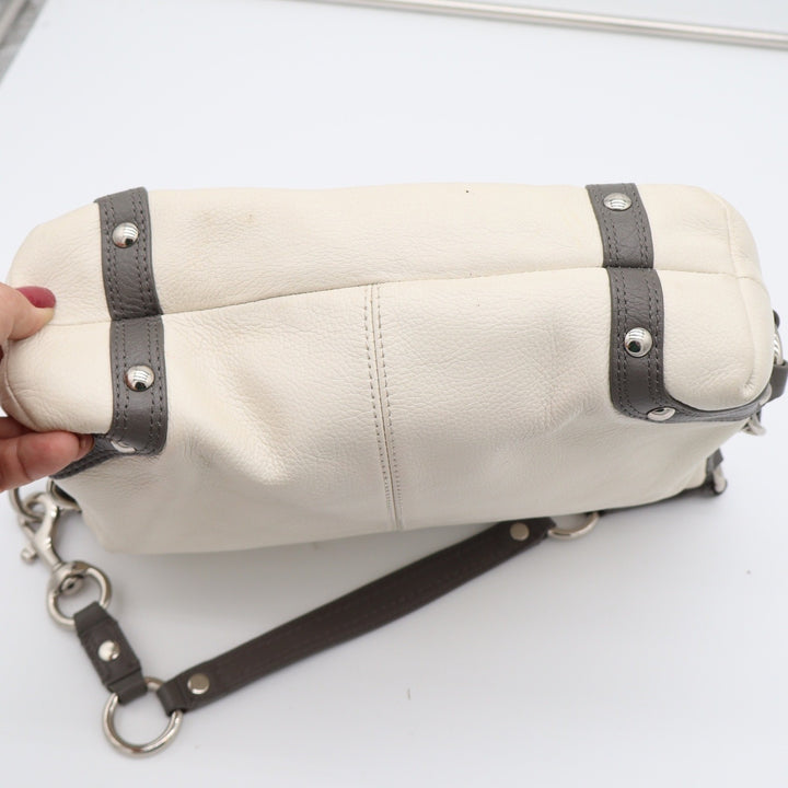 Coach Shoulder Bag Women's Hobo Cream Grey Pebbled Leather Studded Good