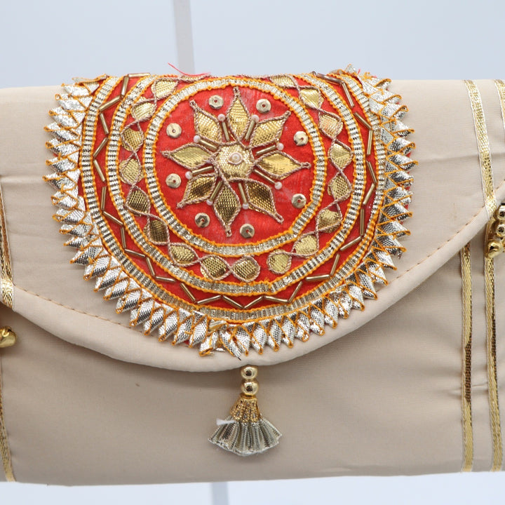 Indian Embroidered Cream Gold Red Tassel Clutch Evening Bag Handbag Wedding
