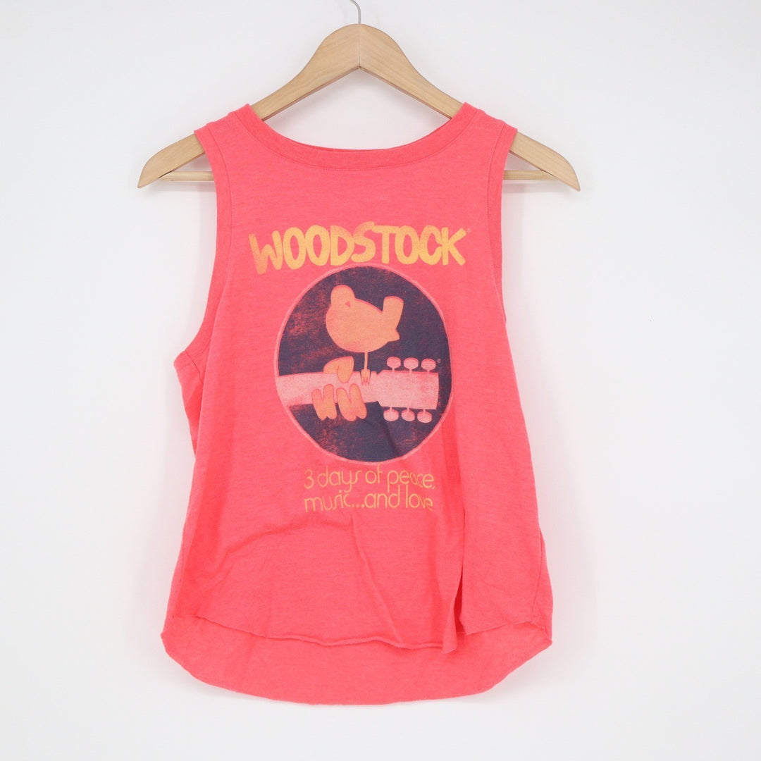 Lucky Brand Woodstock Graphic Muscle Tank Top Coral Pink XS 3 Days of Peace Love