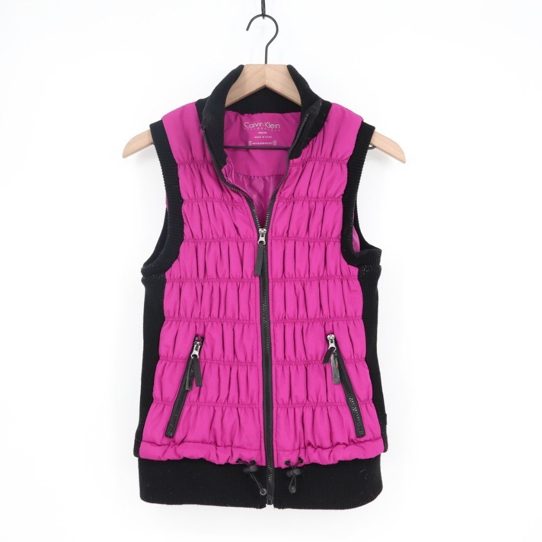Calvin Klein Performance Puffer Vest Womens Medium Pink Black Full Zip Pockets