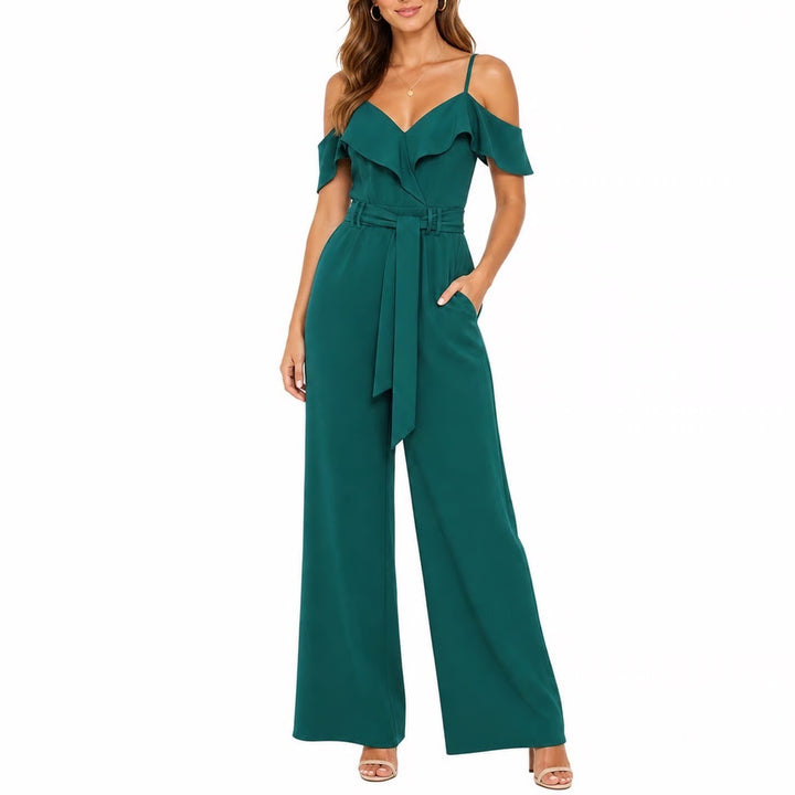 Shelby & Palmer Green Cold Shoulder Wide Leg Jumpsuit Size 12 Emerald V-Neck