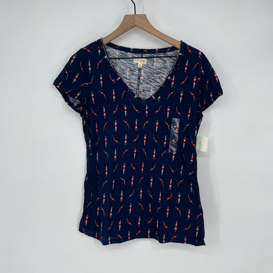 Maison Jules Women's Navy Swimmers Print V Neck T Shirt Size Medium