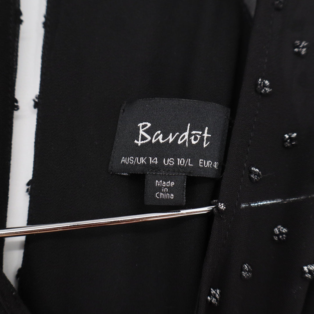 Bardot Top Womens 10 Black Silver Metallic Swiss Dot Cold Shoulder Exc